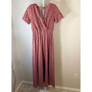 Baltic Born Lace Maxi Dress Rose Pink V Neck Short Sleeve Tie Back M